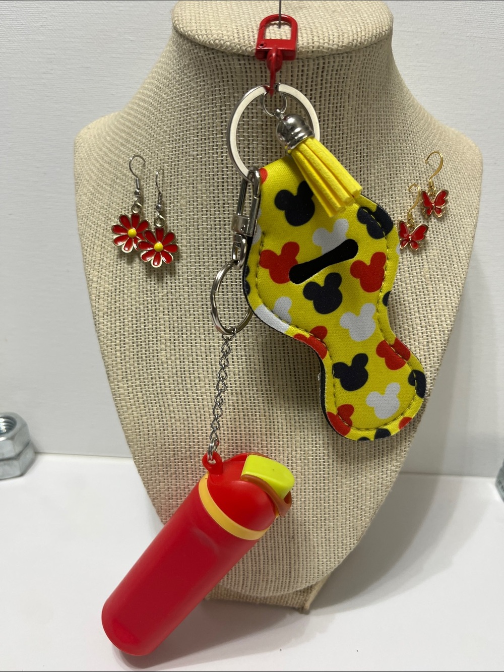 Yellow Mickey Head Hand Lip balm Holder Red Dispenser Keychain 2 pr earrings